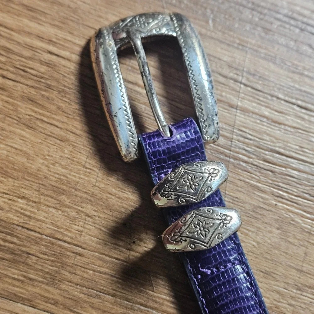 Brighton Lizard Embossed Leather Western Belt S Floral Buckle 23026 Purple